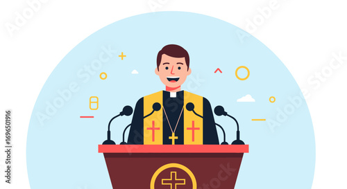 A cheerful clergy member delivers a sermon from a pulpit with microphones ready for speaking