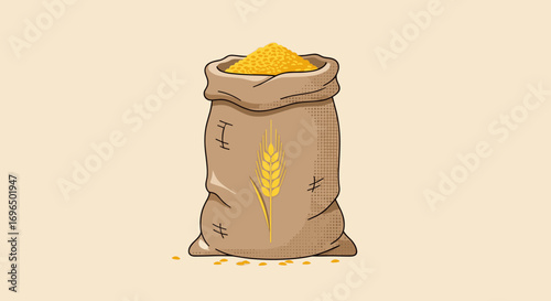 A burlap sack overflowing with golden grains symbolizing abundance and harvest food production staple crop agriculture