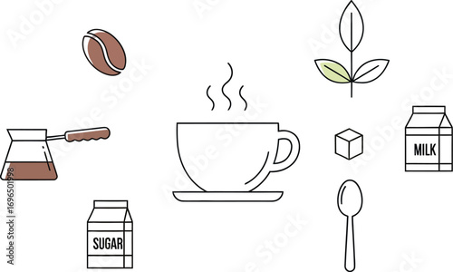 Warm cup of coffee with ingredients for a perfect morning brew