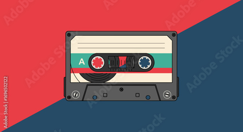 Vintage audio cassette tape with colorful stripes against a split red and blue background representing retro music nostalgia
