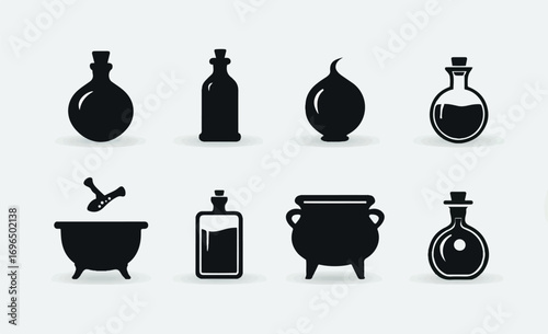 Black and White Witchcraft Icons Set Featuring Cauldron Mortar and Pestle Potion Bottles and Onion