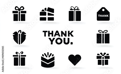 Black and white thank you card with various gift box and heart icons