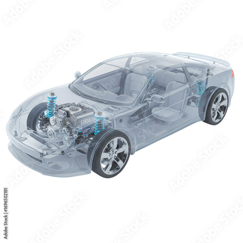Transparent Automotive Engineering Render Detailed View of Car Chassis Suspension and Engine Components isolated on transparent background