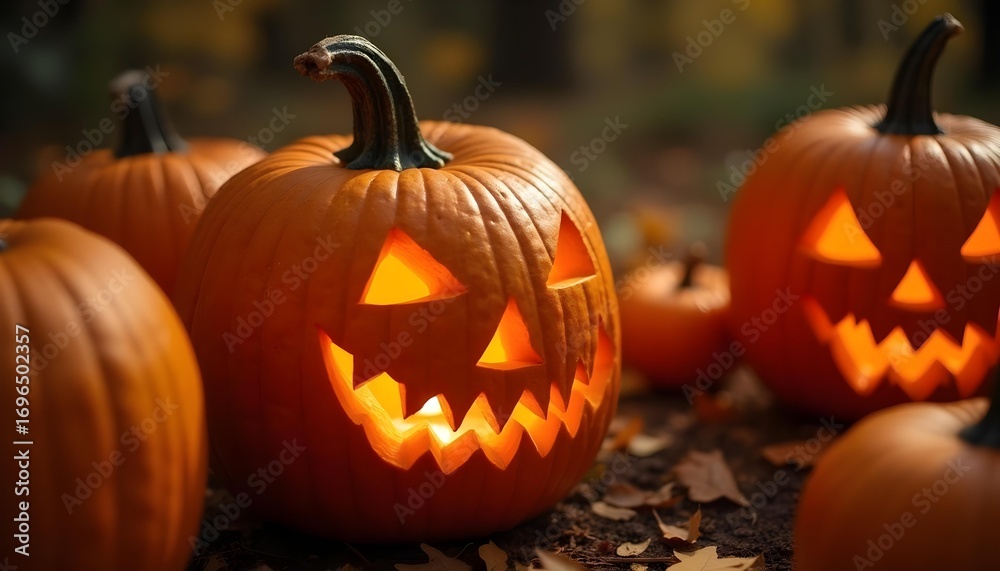 Fototapeta premium 4K picture with carved angry pumpkins on ground surface with autumn leaves for Halloween celebration. 