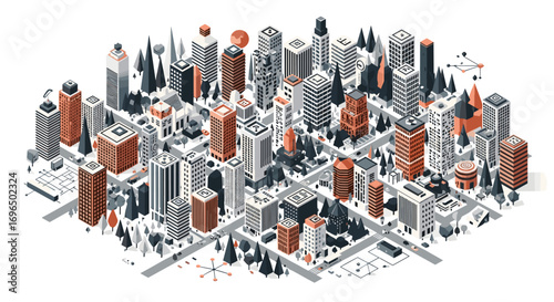 A detailed isometric view of a densely populated modern cityscape with tall buildings and green spaces