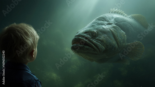 Underwater encounter boy meets giant fish aquarium environment mystical scene