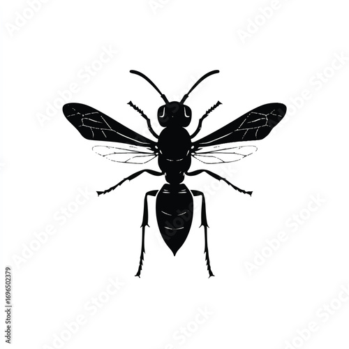Black Silhouette of a Paper Wasp Vector Illustration Detailed Entomological Depiction on White Background Detailed Insect