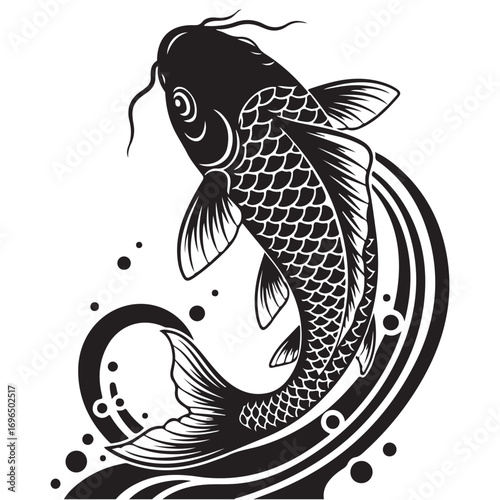 Dynamic Black and White Stylized Koi Fish Illustration with Water Elements