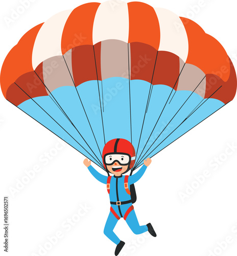 Cartoon man skydiving with parachute, happy male character enjoying extreme sport, colorful canopy, sky adventure activity, fun illustration