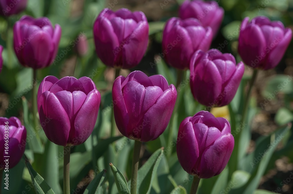 Fototapeta premium Lovely purple tulip blossoms with a natural backdrop