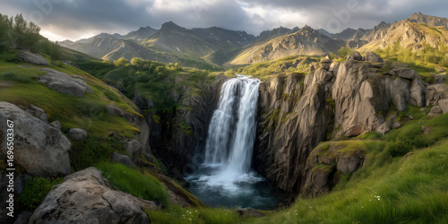 Fake panorama 360 HDR majestic waterfall cascading down mountains natural landscape serene environment