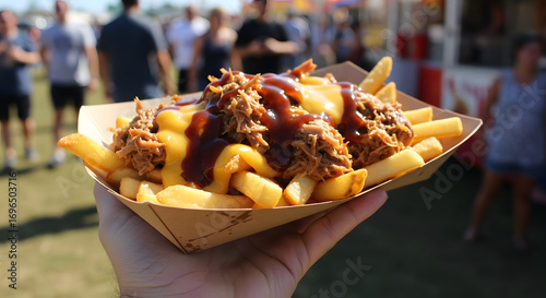 Pulled pork loaded fries topped with cheese and barbecue sauce, served in a paper tray, carried by hand at a state fair