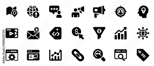 Marketing and SEO Icon set. Digital Marketing and SEO Solid Icons - Promotion, Analytics, and E-commerce Strategy Icons