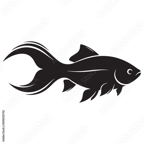 Elegant Black Fish Silhouette with Flowing Fins on White Background