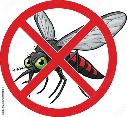 Cartoon mosquito with green eyes inside red no entry sign, pest control symbol, stop dengue virus, insect repellent concept vector illustration