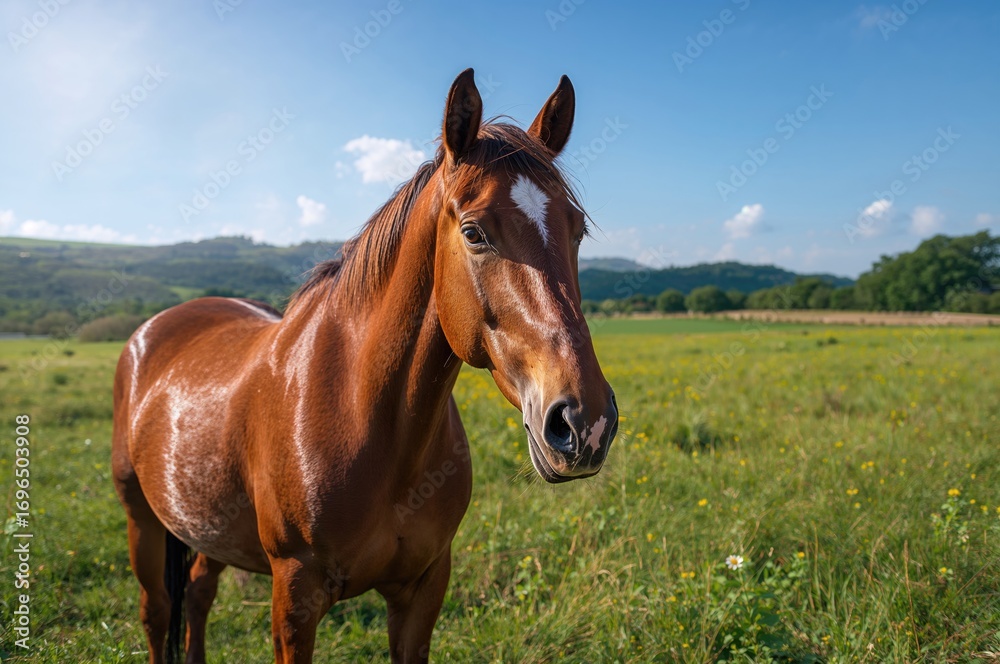 Fototapeta premium Chestnut-colored horse standing in a rural pasture