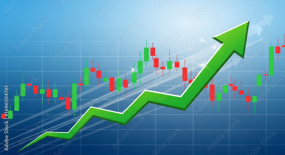 Obraz premium Stock Market Growth Analysis with Upward Trend Arrow and Candlestick Chart