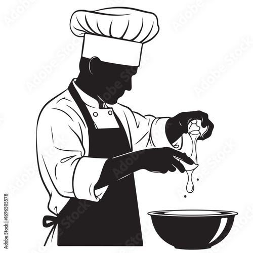 Chef Cracking Egg into Bowl, Black and White Culinary Illustration