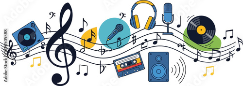 Vibrant musical notes and vintage audio equipment flow across a staff, celebrating the joy of sound and melody.