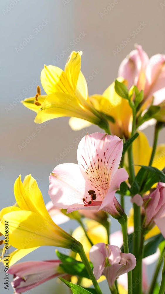 Fototapeta premium A close-up view of a vibrant bouquet of alstroemeria flowers, showcasing a mix of radiant yellow and delicate pink blooms.