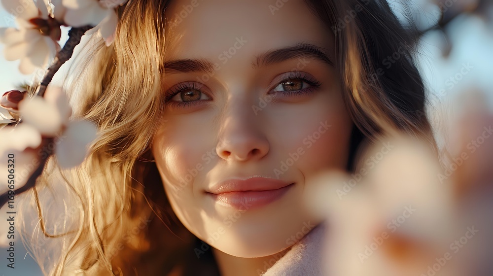 Fototapeta premium Young Caucasian woman with blonde wavy hair smiling gently in warm sunlight, soft bokeh effect creates dreamy atmosphere. Natural beauty and lifestyle portrait.