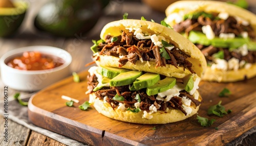 Venezuelan arepas filled with shredded beef, cheese, and avocado, stacked on a wooden cutting board