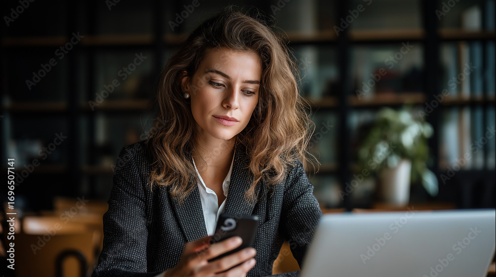 Fototapeta premium Young professional woman in blazer using smartphone while sitting at desk with laptop