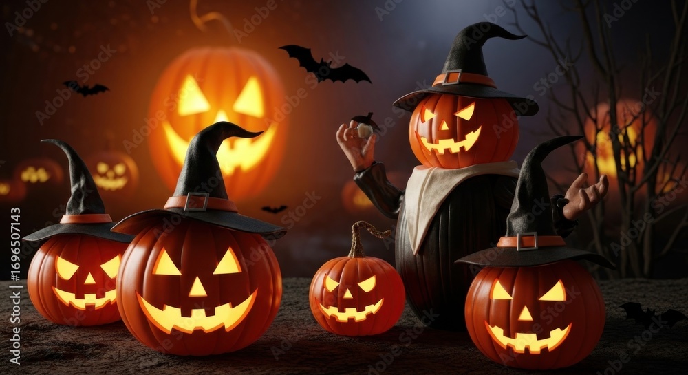 Fototapeta premium Spooky halloween pumpkins glowing in the dark with bats and witch hats