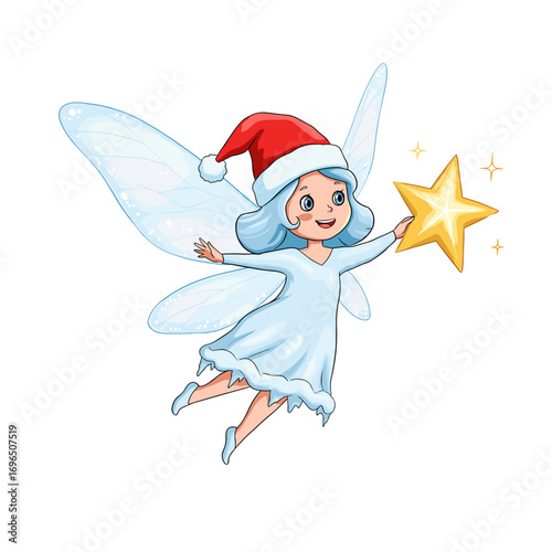Young fairy wearing a Christmas hat holding a golden star  for holiday decorations and greeting cards design