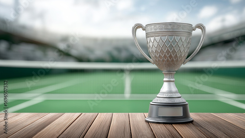 Silver cup of the winner stands against the background of tennis. On the left is copy space for text. Concept of competition, whites and sporting achievements.