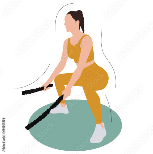 Battle Ropes. Woman doing fitness using battle rope training at sport center to lose weight or build muscles