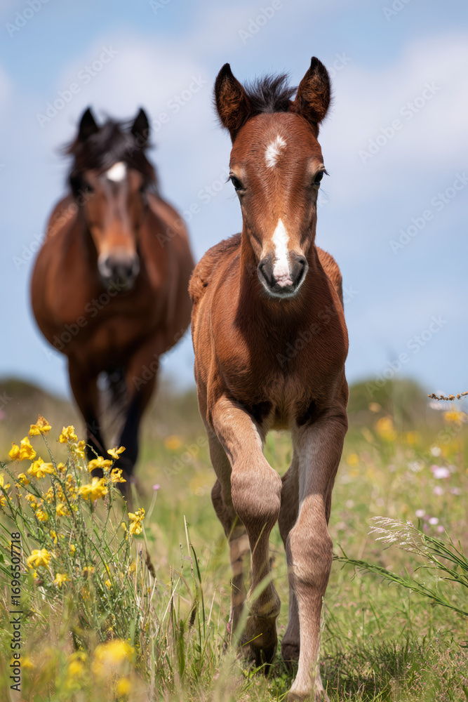 Obraz premium Playful Foal and Mother Horse in Wildflower Field