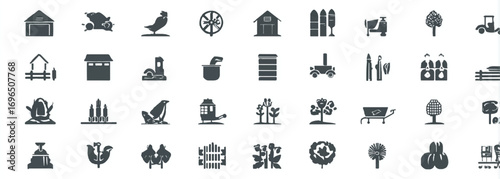 Collection of Farming Elements Icons on White Background Representing Agriculture and Rural Life