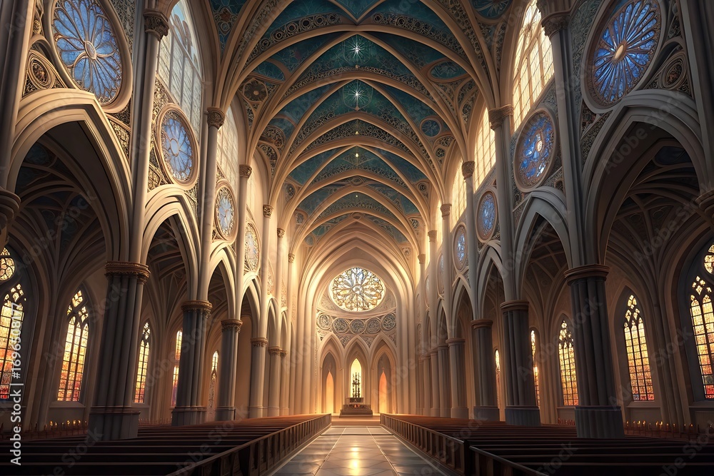 Fototapeta premium Grand cathedral interior illuminated by golden light architectural majesty and stained glass beauty