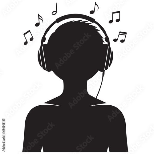 Silhouette of Person Listening to Music with Headphones and Floating Musical Notes