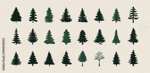 Collection of twenty different evergreen tree silhouettes with variations in shape and texture set against a neutral background