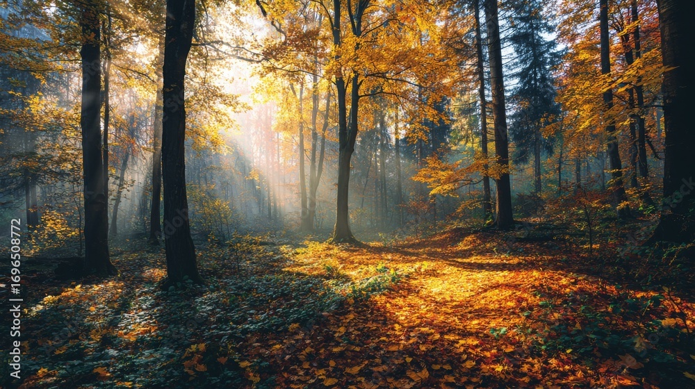 Obraz premium Misty autumn forest at sunrise, golden light rays through the trees, colorful fallen leaves on the ground, empty space in the middle for text, 16:9
