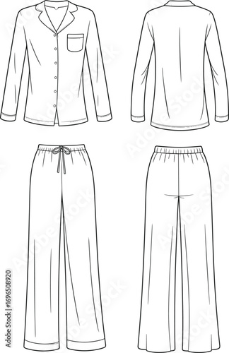 Comfortable pajama set cad drawing front and back, casual sleepwear flat sketch, fashion vector illustration, nightwear clothing technical design