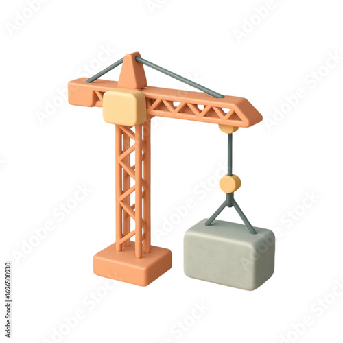 3d cartoon construction tower crane lifting a concrete block isolated on transparent background