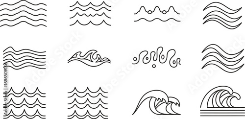 Collection of stylized line art wave icons representing water movement and ocean energy