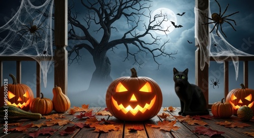 Spooky halloween night scene with pumpkins black cat and full moon glow