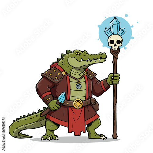 A cartoon alligator mage stands holding a staff with a skull crystals and a blue aura He wears brown robes and holds a crystal
