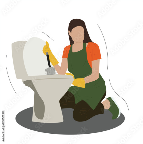 woman cleaning the toilet. Woman cleaning toilet with gloves and apron
