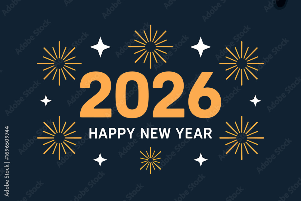 Fototapeta premium Festive 2026 New Year's Celebration Banner with Sparkling Stars and Elegant Typography on Dark Blue Backdrop