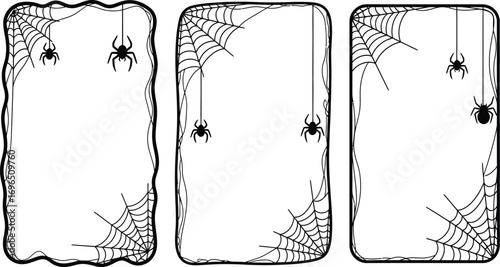 Whimsical Halloween borders with spiders and webs create spooky invitations or decorations