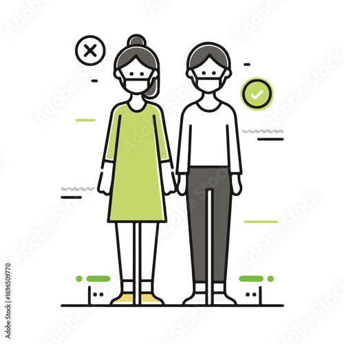 Couple wearing face masks vector illustration representing protection during a pandemic and health precautions while socializing