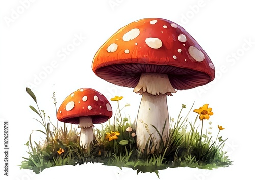 Wallpaper Mural Red and white spotted mushrooms growing in green grass with yellow wildflowers, artistic nature illustration on white background, suitable for children's book design. Torontodigital.ca