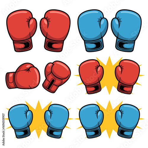 Boxing Gloves Illustration Red and Blue Fighting Gear for Sport and Training, Depicting Power, Competition, and Athleticism.