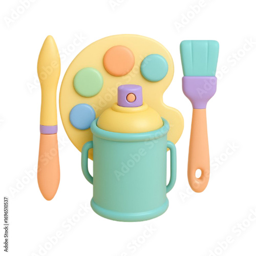 Cute 3d art supplies with paint palette spray can and brushes isolated on transparent background