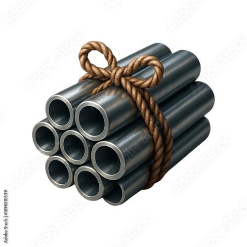 Bundle of metal pipes tied with rope isolated on transparent background